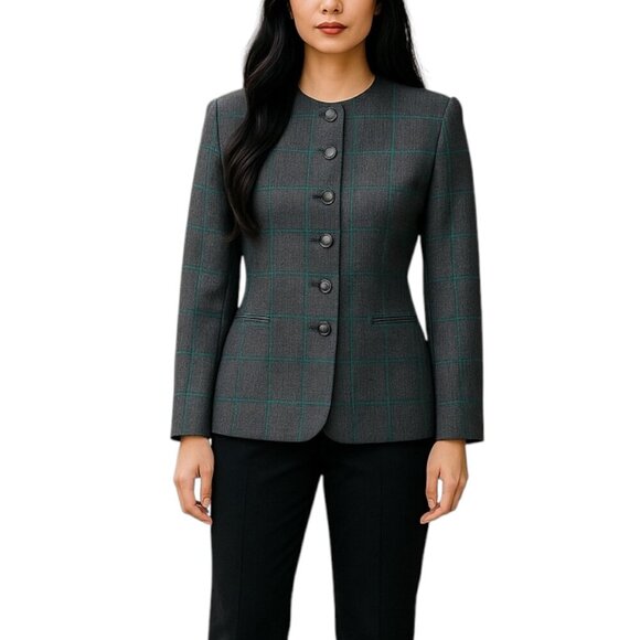 André Barreau Jackets & Blazers - André Barreau NY Blazer Charcoal Gray w Teal Grid Pattern VINTAGE Womens Size 4P
